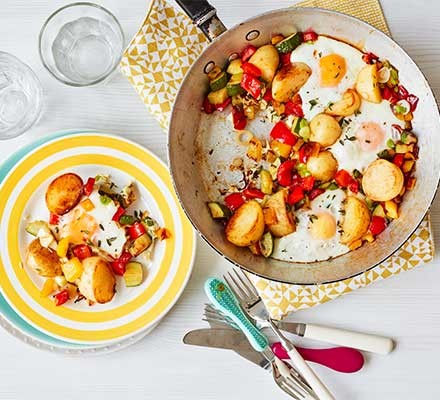 A frying pan with one-pan egg & veg brunch