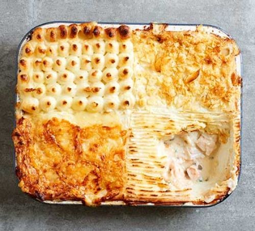 Fish pie with textured topping in rectangular dish