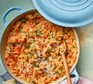 One-pot tomato orzo in a pan