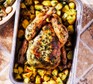 Roast chicken with dill & potatoes in a roasting tin